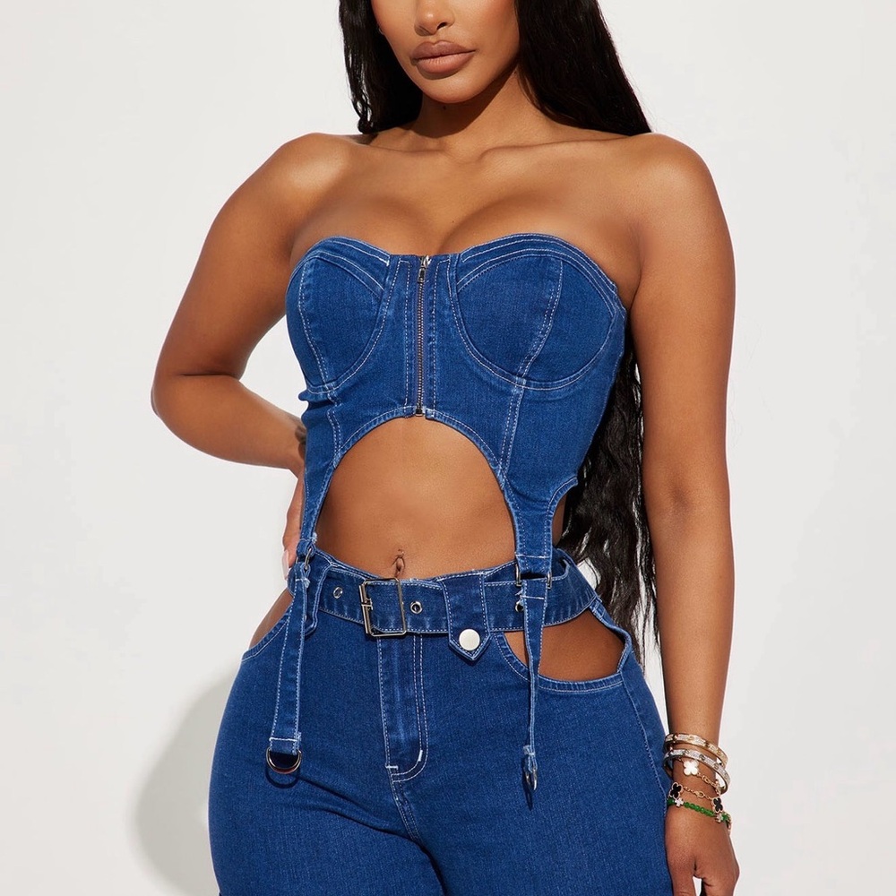 Fashion Nova Blue Denim Bustier Crop Top
